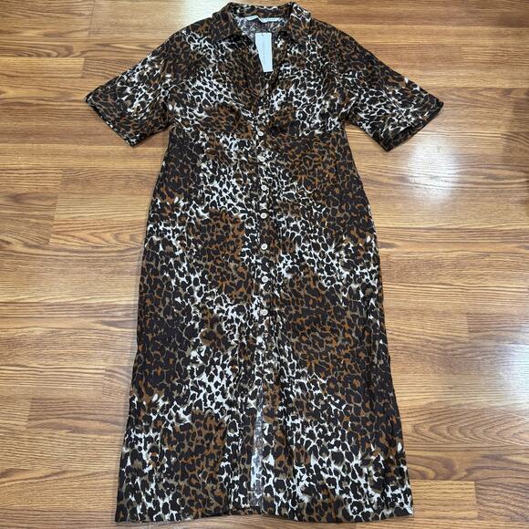 VERONICA BEARD Seki Leopard Print Linen Midi Dress In Brown 14 /Large - Picture 12 of 13